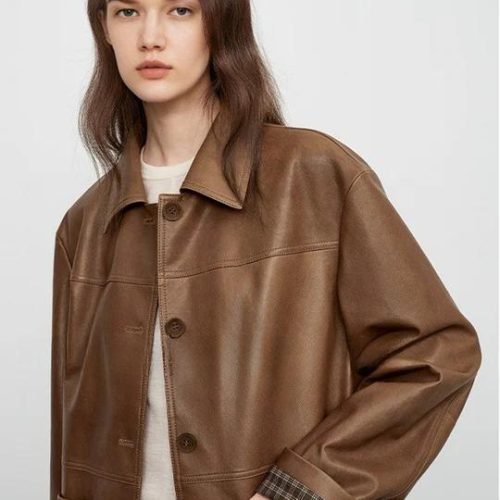 Spanish Sheepskin Leather Shirt Jacket with Plaid Cuff
