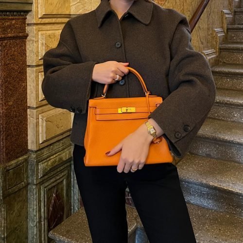 Hermes Kelly 28 Clemence Leather Shoulder Bag Orange