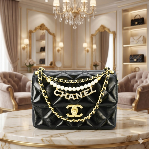 Chanel CC Pearl Quilted Leather Chain Crossbody Bag Black
