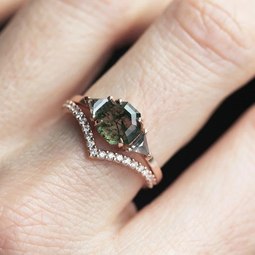 Engagement Ring Set Sasha with Octagon Moss Agate, & Salt Pepper Diamond, 14k/18k gold or platinum