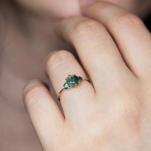 Engagement Ring Taia with Moss Agate, Teal Tourmalines, 14k/18k gold or platinum