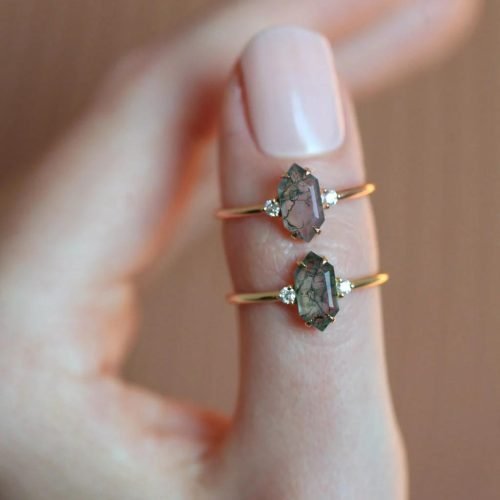 Engagement Ring Hayley with Hexagon Moss Agate, Diamonds - Ready to Ship, 14k/18k gold or platinum