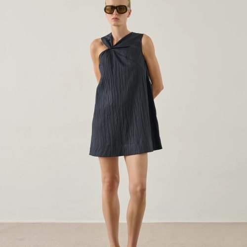 Imani Short Dress in Pleated Cotton Twill