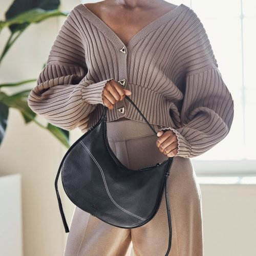 Liveri Black/Contrast Stitch Grained Leather Small Hobo Bag