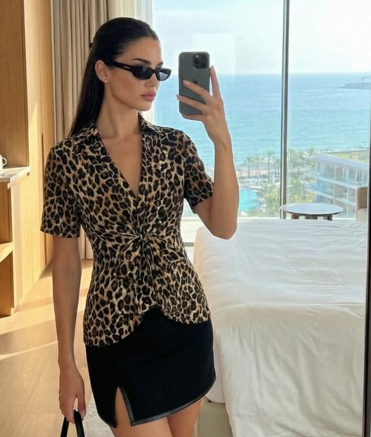 Leopard Print Wrap Blouse With Tie Waist
